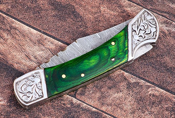 9" long Folding Knife, Bull Horn Scale with Engraved steel bolster, custom made 4" Hand Forged Damascus steel blade Cow hide leather sheath with belt loop (Bull Horn) (Parrot green)