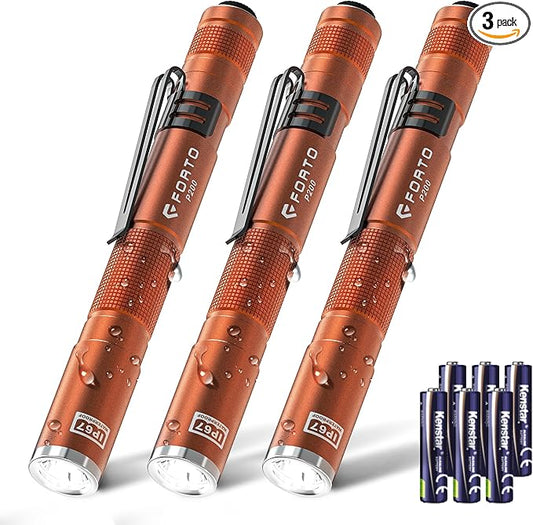 FORTO 3 Pack Pen Light 200 Lumen Pocket Flashlight, IP67 Waterproof and 2 Modes, with AAA Batteries Handheld Flash Lights for Inspection, Emergency(Orange)