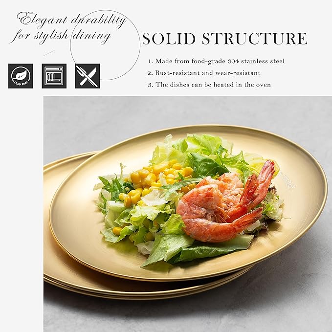 Stainless Steel Plates Metal 18/8 Round Dinner Plates - Set of 4 - Food-Grade Dishwasher Safe 9inch Salad Plates for Camping Kids Dining Outdoor (Gold)