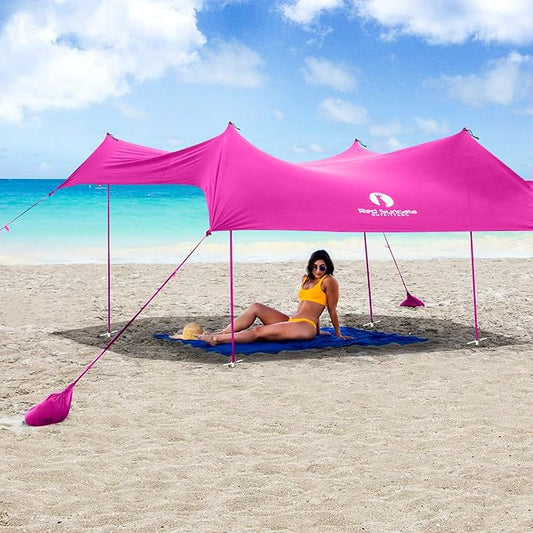 Red Suricata Family Beach Parasol - Sun Shade Canopy | UPF 50 UV Protection | Tent with 4 Aluminium Poles, 4 Pole Anchors, 4 Sandbag Anchors | Large & Portable Shelter Tarp