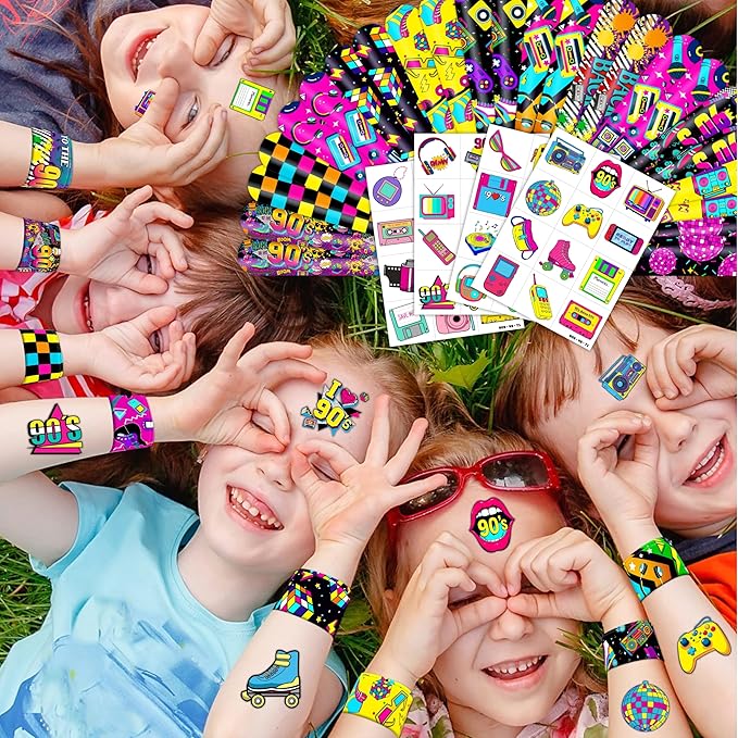 72PCS 90s & 80s Party Favors - 48PCS Pre-Cut Tattoos & 24PCS Slap Bracelets, Retro 90s Birthday Party Supplies Decorations, Ideal for Kids’ Classroom Prizes & Rewards for Boys & Girls