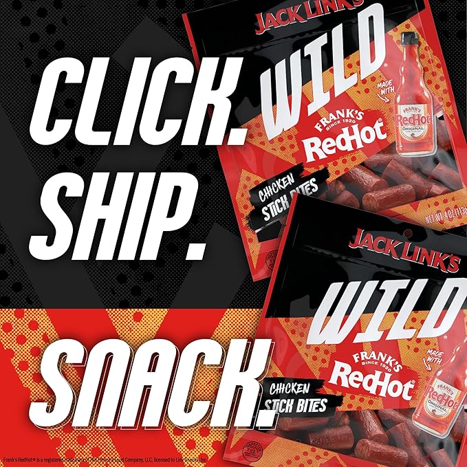Jack Link's Wild Chicken Stick Bites Made with Frank's RedHot Flavor, Mini Meat Sticks, Shareable Under 100 Calories Snack Packs with 7g of Protein, Bulk Pack of Individual Bags – 4oz (8 Count)