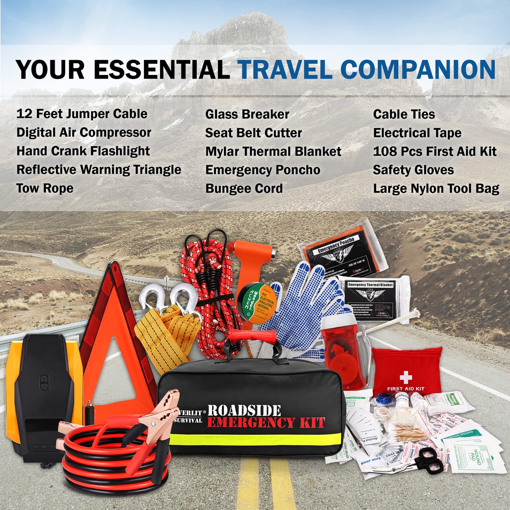 Everlit Survival Car Emergency Kit, Roadside Safety Tool Kit with Gloves,Digital Auto Air