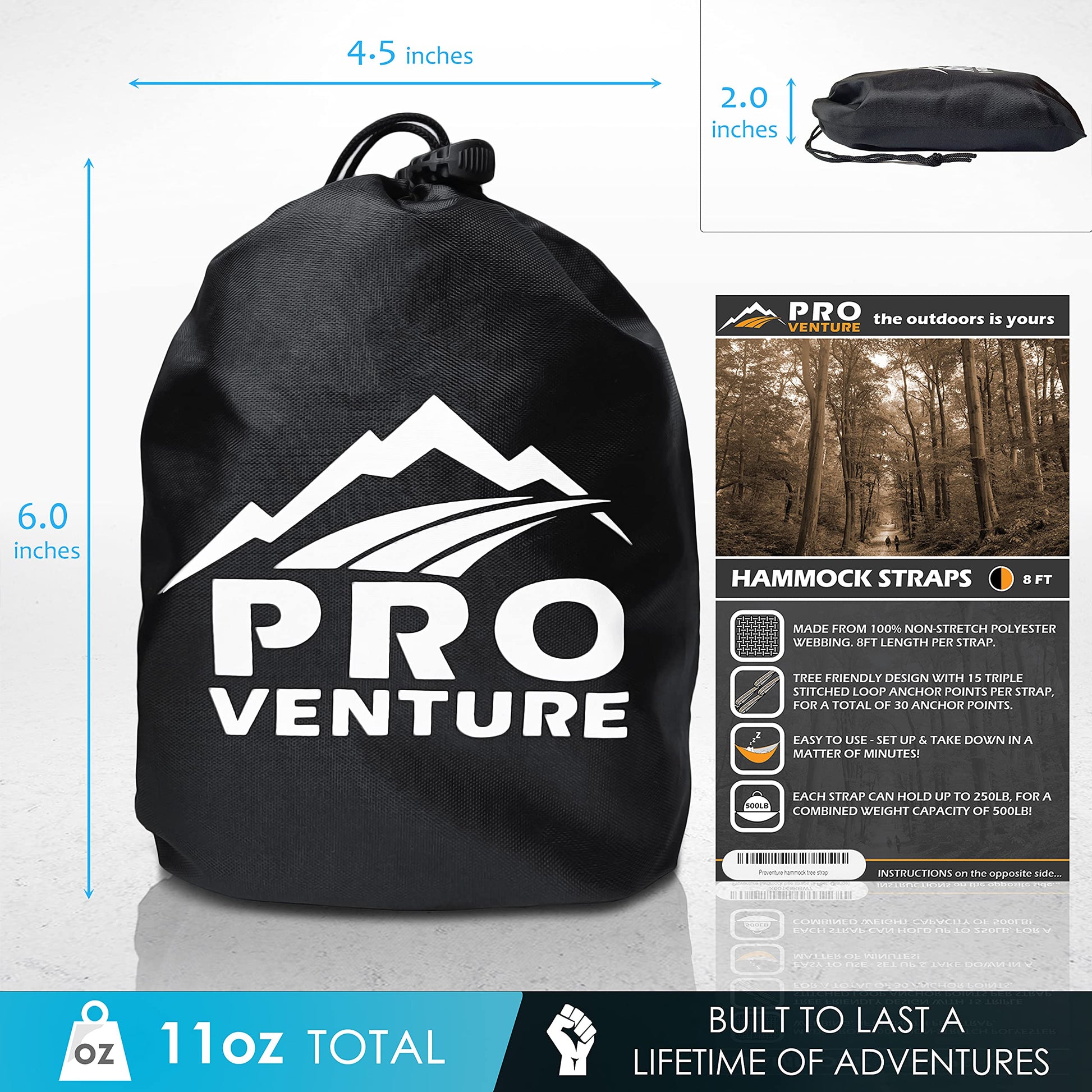 Pro Venture Hammock Straps and 2 Carabiners, 30+2 Loops, 1200lbs Breaking Strength (500lbs Rated) |