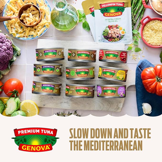 Genova Premium Yellowfin Tuna in Olive Oil, 5 Ounce Cans, 8-Pack ??Nutrient Rich, High Protein Canned Tuna Fish - Delicious, Easy, Nutritious Ready to Eat Meals