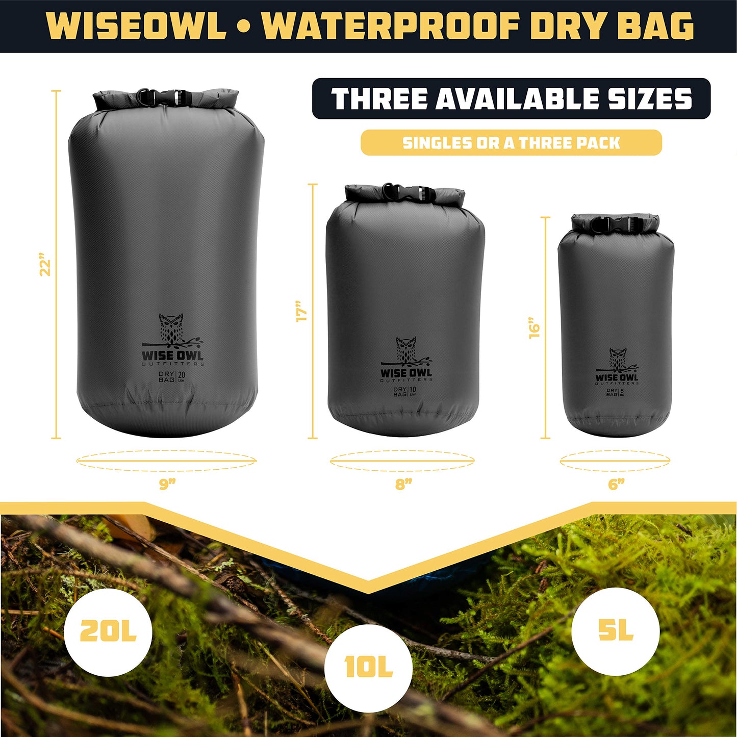 Wise Owl Outfitters Waterproof Dry Bag 3-Pack – Lightweight & Airtight 5L/10L/20L Small & Large Dry