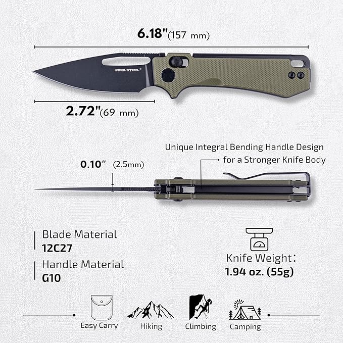 REALSTEEL VIS Pocket Knife, Folding Knife, Crossbar Lock, 2.72" Small 12C27 Steel PVD Black Blade, Thumb Hole, G10 Handle, 1.94oz, Pocket Clip, Versatile Outdoor Indoor EDC Knife, Gifts for Men Women Camping Hiking Fishing Climbing (Green G10/Black)