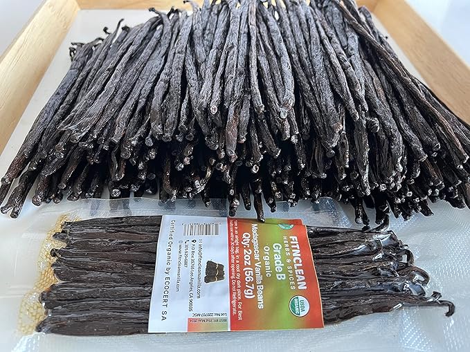 2oz Grade B Organic Madagascar Vanilla Beans for extract. Certified USDA Organic. 5"-7" by FITNCLEAN VANILLA Whole NON-GMO Pods for Paste and Baking.