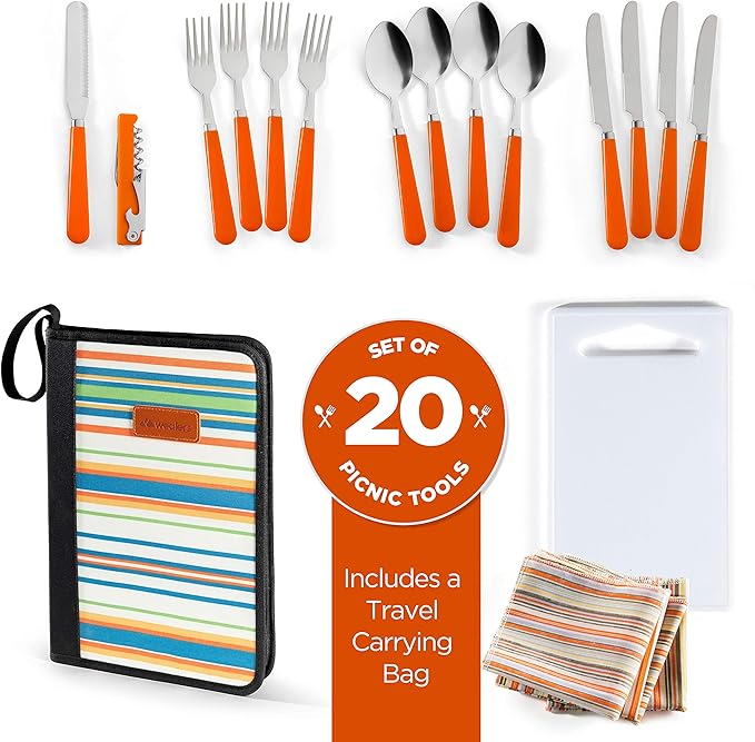 Camping Silverware Kit Cutlery Organizer Utensil Picnic Set 12 Piece Mess Kit - Stainless Steel Spoon Butter & Serrated Knife Wine Opener Fork Napkin Hiking Camp Kitchen BBQ?™s (4 Person 20 Piece Set)