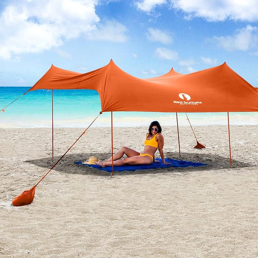 Red Suricata Family Beach Tent & Canopy, UPF50 Sun Shade, 4 Aluminum Poles, Sand Shovel, Medium Portable Sun Shelter (Medium, Orange)