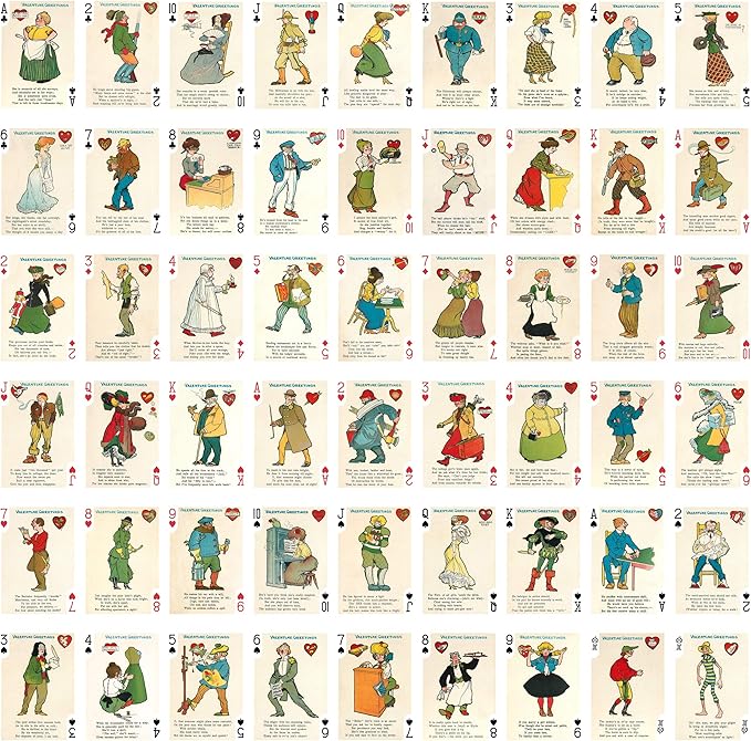 Valentine Day Playing Cards (Poker Deck 54 Cards All Different) Vintage Retro Funny Cartoons Poems for Valentine Day Greetings Cards