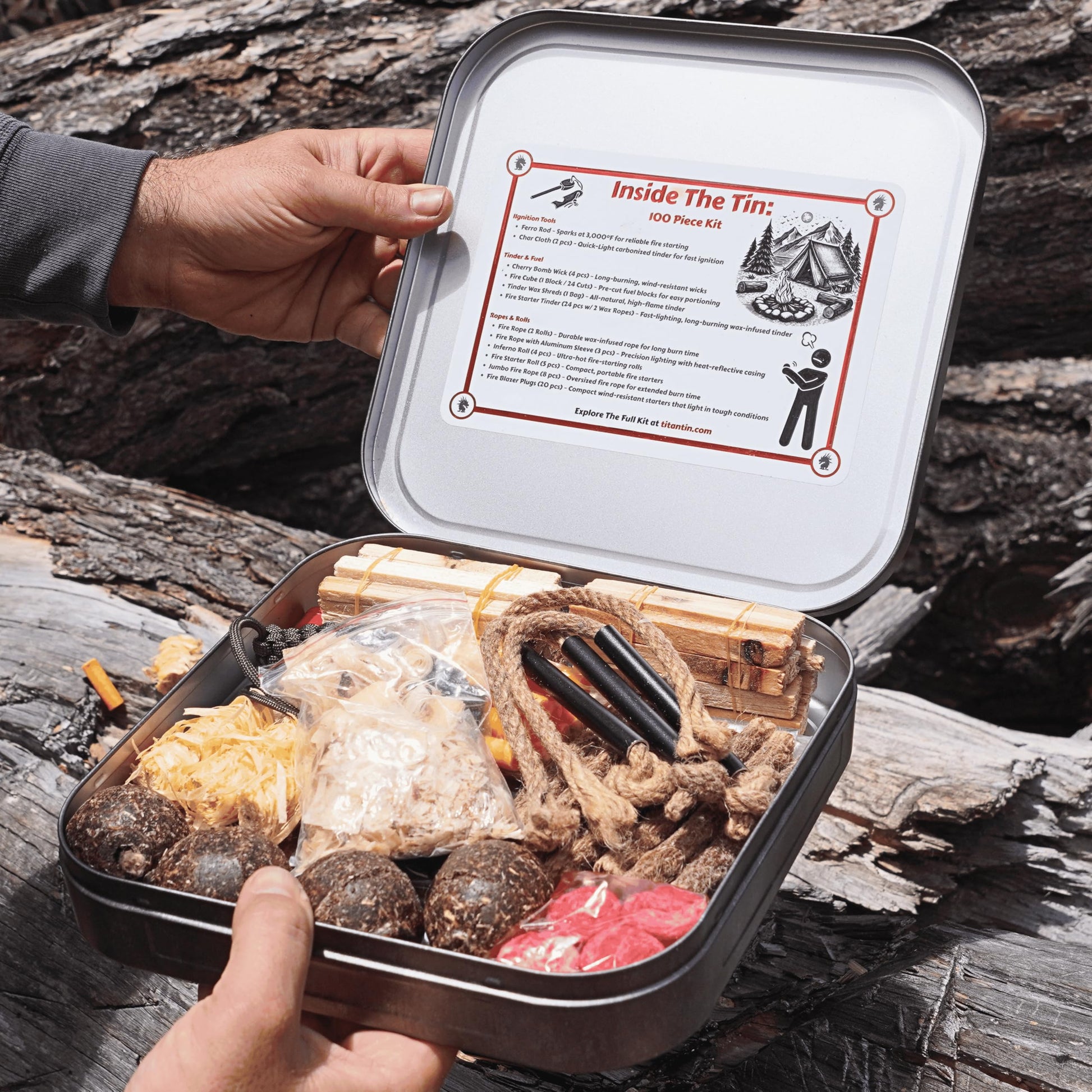 TinFerno Fire Starting Kit – 100pc Fire Starter for Campfires, Ferro Rod, Magnesium Flint, Char