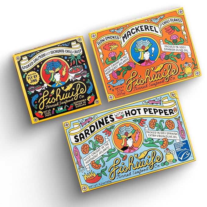 Fishwife Spicy Hot Trio (FBJ Salmon, Mackerel, Sardines with Hot Pepper) 3-Pack | Gluten Free, High Protein, Omega-3s | Wild-Caught and Hand-Packed