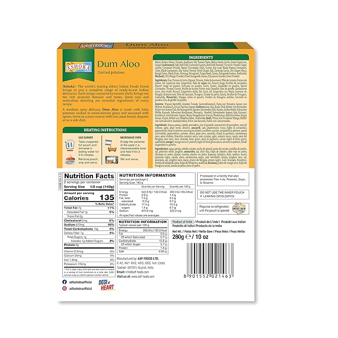 Ashoka Real Indian Meals 1932, Vegan Potato Curry, Ready to Eat Dum Aloo, All-Natural Instant Meals, Healthy Work Lunch, Kosher Certified, Gluten-Free, and with No Preservatives, Pack of 5
