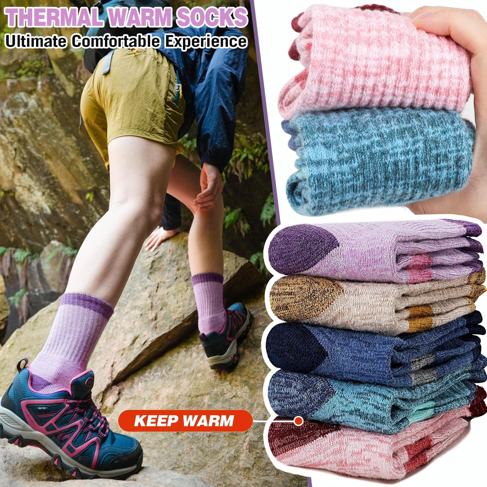 SAVALOS Merino Wool Hiking Socks for Women Thermal Warm Winter Cozy Work Crew Gifts Socks 5 Pairs