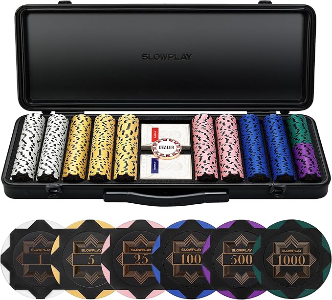 SLOWPLAY 14g Clay Poker Chips Set for Texas Hold'em, 500 PCS, with Numbered Values, Art Deco Style, and Carrying Case