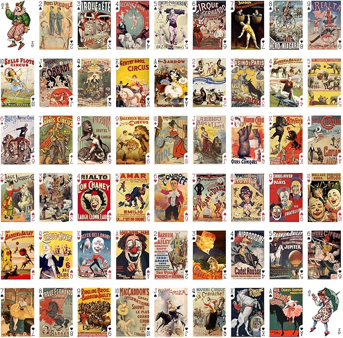 Retro Circus Playing Cards (Poker Deck 55 Cards All Different) Vintage Circus Clowns Animals Hymnast Athlete Vintage Barnes Circus Poster