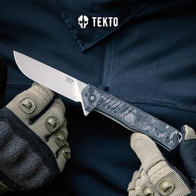 KNIVES F1 Alpha Folding Pocket Knife - Modified Straight Back Blade, Titanium Coated D2 Steel, Ideal for Camping & Backpacking, Tactical Forged Carbon Fiber Handle, Silver Titanium Accents