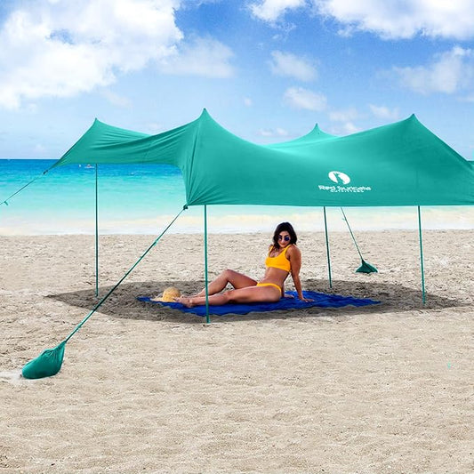 Red Suricata Family Beach Tent & Canopy, UPF50 Sun Shade, 4 Aluminum Poles, Sand Shovel, Medium Portable Sun Shelter (Medium, Turquoise)