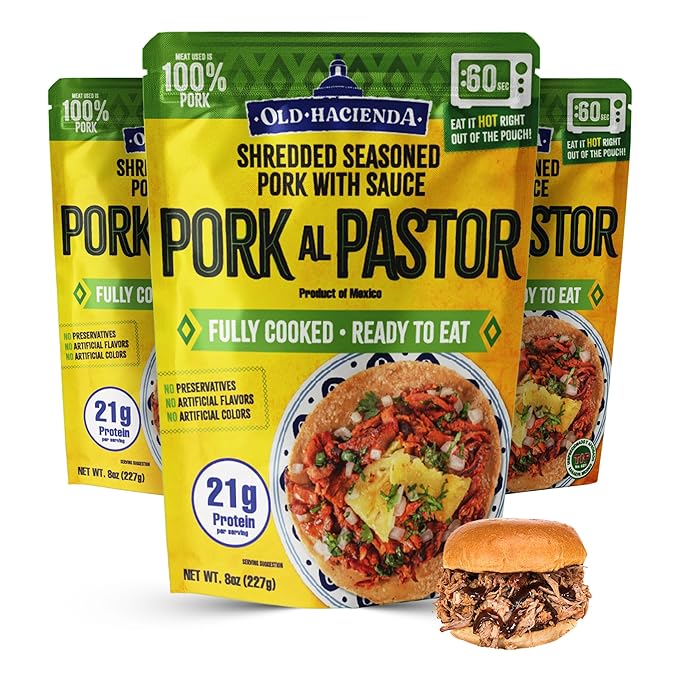 Old Hacienda Pork al Pastor | 100% Shredded Seasoned Pork with Sauce | Fully Cooked & Ready to Eat | 21g Protein | No Preservatives, Artificial Flavors or Colors | BPA Free Pouch | Pack of 3-8oz