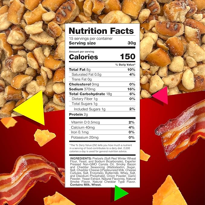 Smoky Bacon Cheese Pretzel Pieces | 1 Pound Bag | Bold Flavored, Naturally Seasoned Pretzels | Crunchy, Salty Pretzel Snacks with Cheddar and Bacon