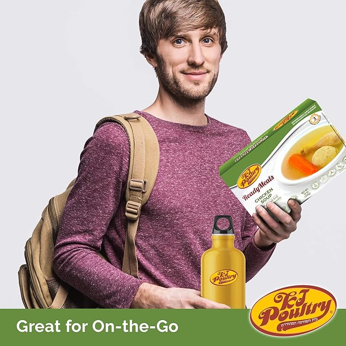 KJ Poultry Kosher Ready Meals - Matza Ball Chicken Soup & Vegetables, CHOMETZ NOT for PASSOVER, MRE Meat Meals Ready to Eat, Shabbos Food, Halal, (2 Pack) Cooked Entree, Shelf Stable Microwave Dinner