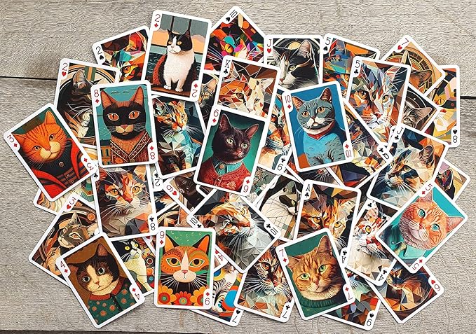 Art Deco CAT Portraits Playing Cards (Poker Deck 54 Cards All Different) Vintage Art Deco Cubism Avantgarde Naïve Cat Art Portrait Posters