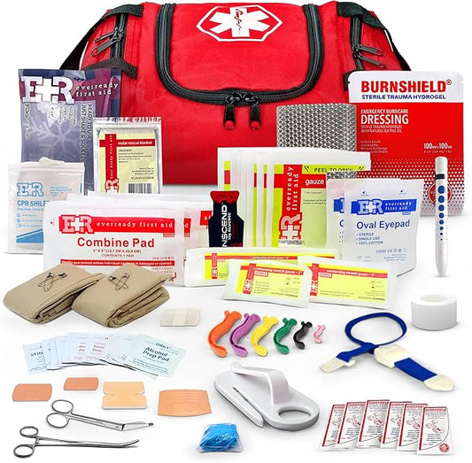 Fully Stocked Trauma First Aid Kit – First Responder II Bag with Tools, Gauze, Bandages, Scissors & Gloves – Compact & Portable – OSHA and ANSI Compliant – Red