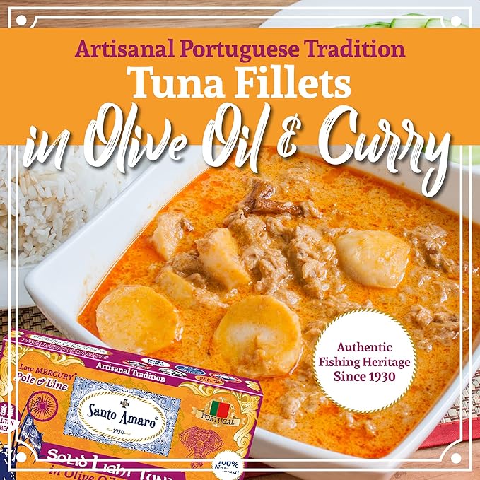 Santo Amaro - Artisanal Wild Tuna Fillets in Olive Oil & Turmeric Curry, Pole and Line Caught from Portugal, Hand-Packed Goa-Style Natural Canned Tuna, 22g Protein, Keto, 124 Cal, Low Mercury, Pack of 3
