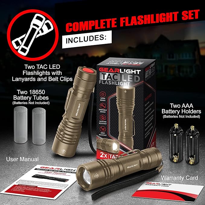 GearLight TAC LED Flashlight Pack - 2 Super Bright, Compact Tactical Flashlights with High Lumens for Outdoor Activity & Emergency Use - Gifts for Men & Women - Desert Tan