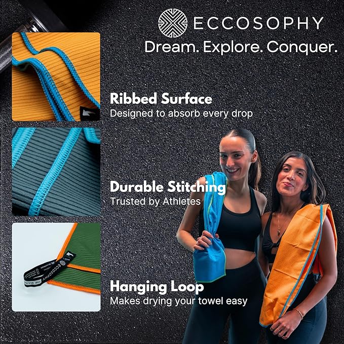 ECCOSOPHY Microfiber Beach Towel – Quick Dry Gym Towel, Highly Absorbent with Ribbed Texture, Lightweight – Ideal for Travel, Pool, Yoga, Fitness & Outdoor Adventures – 60x30 Azure