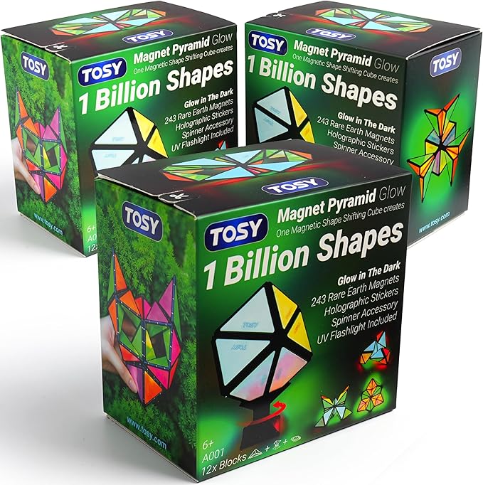 TOSY Magnet Pyramid Glow - 1 Cube Transforms into 1 Billion Shapes, 12 Pieces, 243 Rare Earth Magnets, Glowing, Holographic Design Magnet Tiles Creative Puzzle STEM/STEAM Toy, 3-Pack