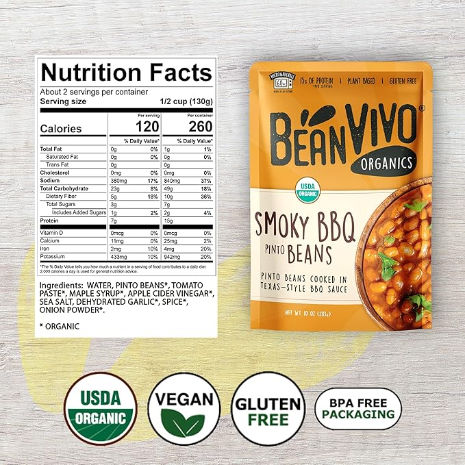 BeanVIVO (Pack of 6) Organics 15g Plant based Protein BBQ Pinto Beans - Good Source of Fiber - Nutritious & Microwave Meals - Gluten-Free Plant Food - 10 oz