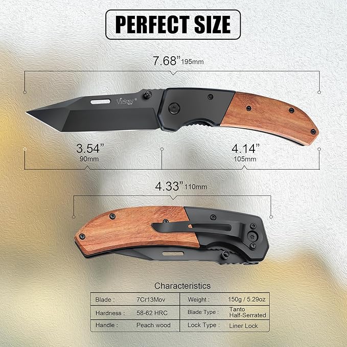Vickay Pocket Knife, Folding Knife with Clip - 3.54??Steel Blade, Wood Handle EDC Knife for Men & Women, Outdoor Camping, Hunting, Hiking, Fishing - Father?™s Day Gift (Black)