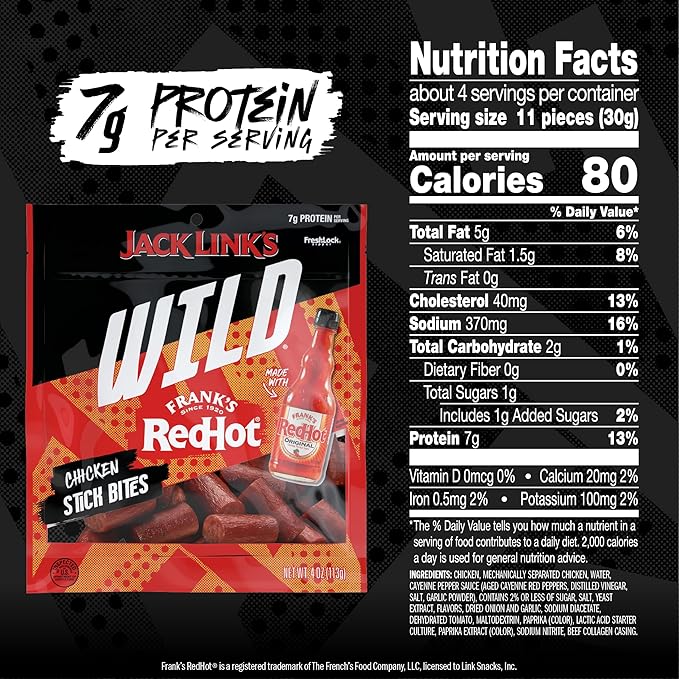 Jack Link's Wild Chicken Stick Bites Made with Frank's RedHot Flavor, Mini Meat Sticks, Shareable Under 100 Calories Snack Packs with 7g of Protein, Bulk Pack of Individual Bags – 4oz (8 Count)