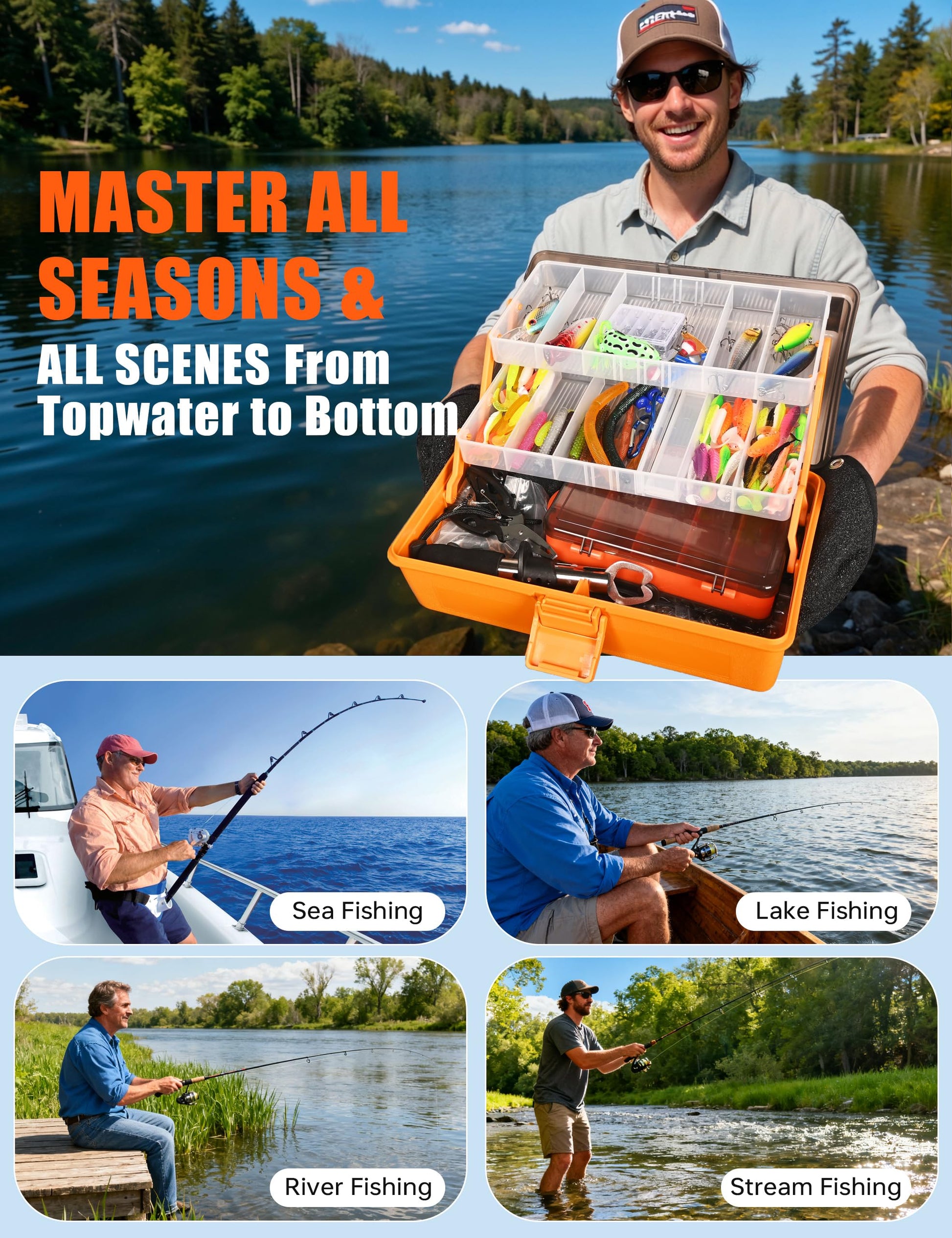 Large 3-Layer Tackle Box with Tackle Included, 417Pcs Fishing Lures Kit