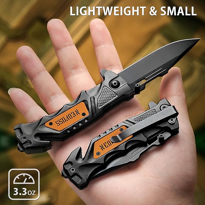 NedFoss Pocket Folding Knife DA75 Mini, 3 in 1 Pocket Knife for Men, 2.95 Inch Survival Knife with Liner-Lock Belt Clip, Seat Belt Cutter, Glass Breaker, Hunting knife for Camping Hiking