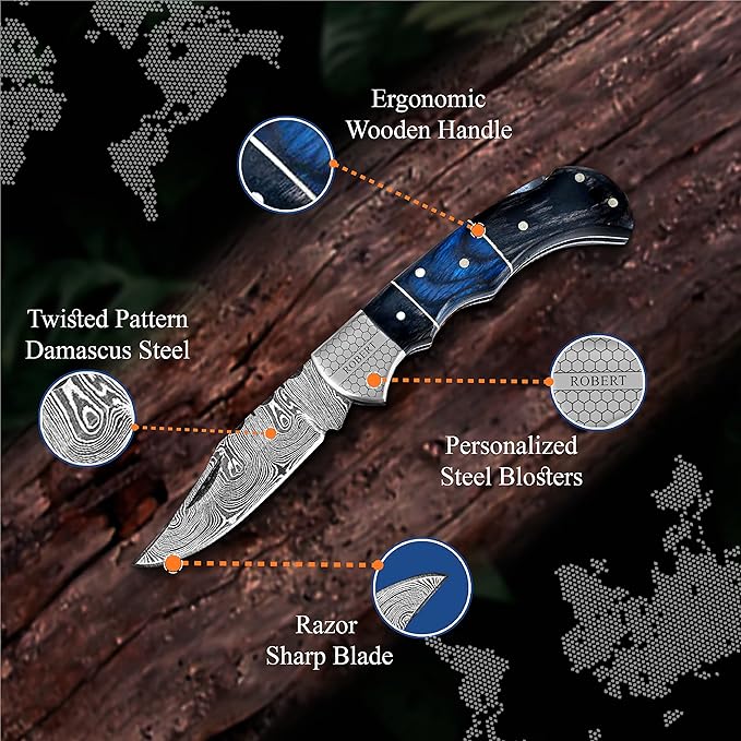 6.5' Personalized Engraved Damascus pocket knife for men Small folding knife for outdoor, camping, hiking, Customized Retirement Gifts for Husband Dad Boyfriend, Christmas