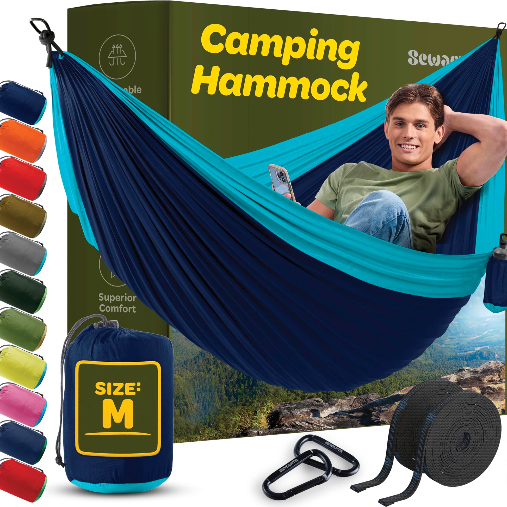 Durable Hammock 400 lb Capacity, Nylon Camping Hammock Chair - Double or Single Sizes w/Tree Straps