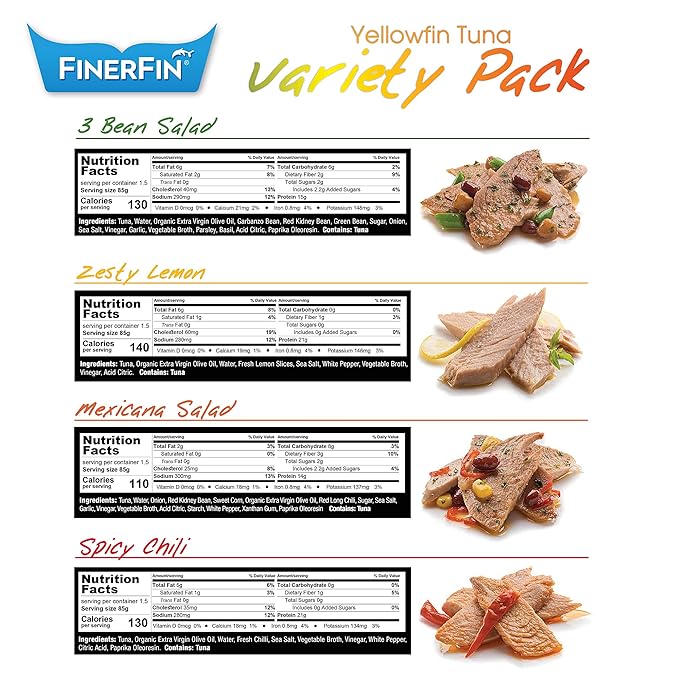 FinerFin Yellowfin Tuna Salad in Organic Olive Oil | Taster's Variety Pack | Premium Canned Tuna Fish with EVOO | Gourmet Ready-to-Eat Wild-Caught Fillets | 4.4oz can - 12 Pack
