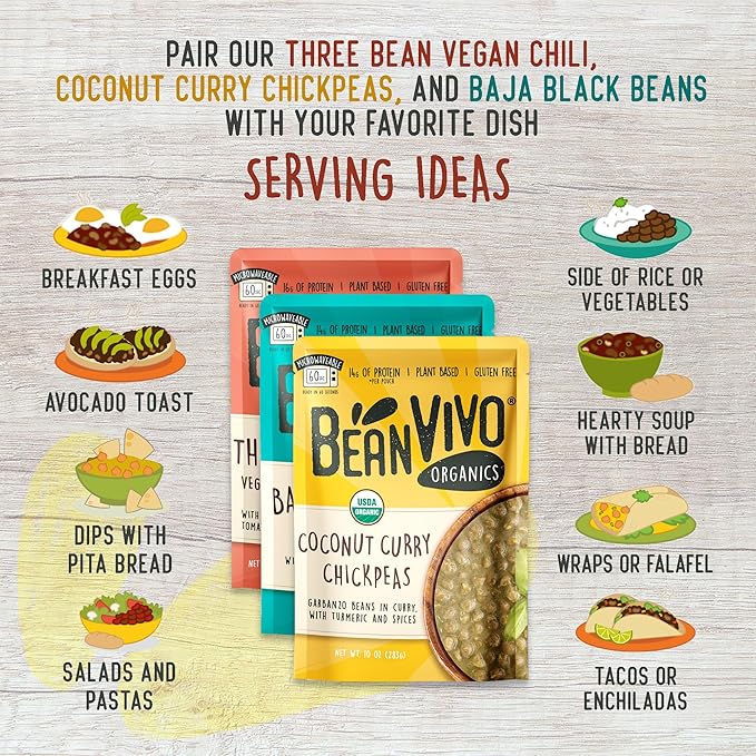 BeanVIVO - Variety 3 Pack (10 oz each) - Organic Baja Black Beans, Three Bean Vegan Chili, Coconut Curry Chickpeas - Seasoned & Ready to Eat, Plant Protein, Vegan, Gluten Free, Microwaveable, Instant Meals