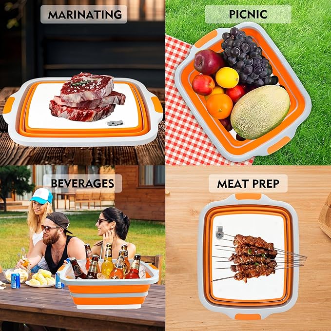 Collapsible BBQ Prep Tubs with Lids, Grill Cutting Board, Camping Sink with Drainage Hole for Meal Prep, Fruit Wash and Food Storage, Marinating Container,16L Orange Tub 20"