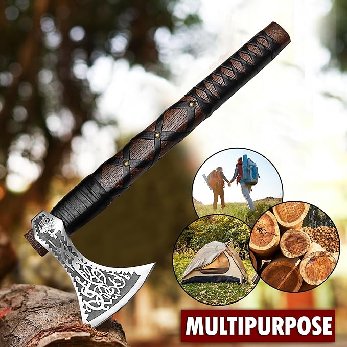 SHINY CRAFTS-Norse Viking Axe Wedding Gifts Camping Axe Berserker Axes-Handmade Viking Pizza Axe Authentic Medieval Pizza Cutter Axe with Carved Handle & Leather Sheath (VBA-27-A)