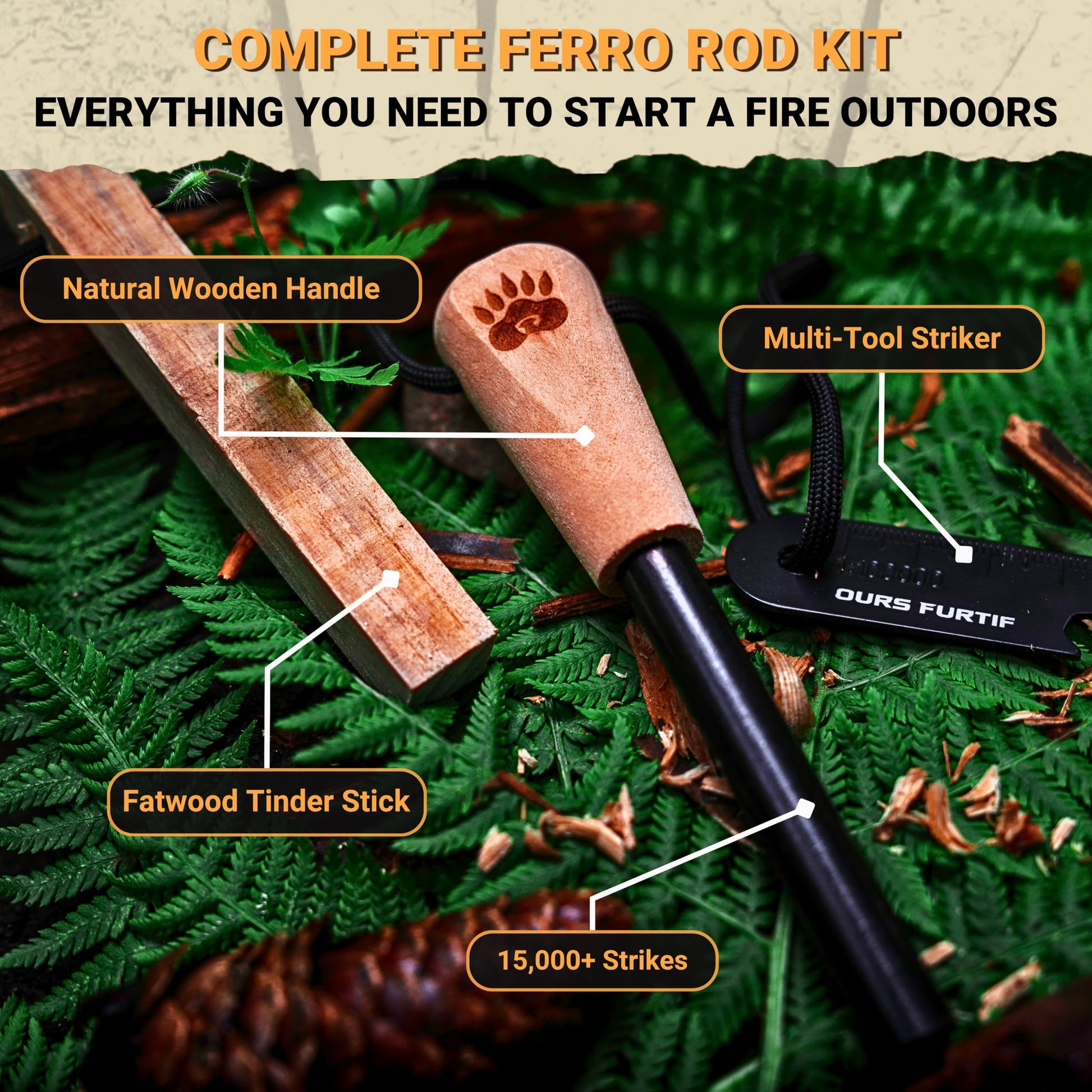 Ferro Rod Fire Starter Kit with Fatwood Tinder Stick - 3/8" Thick Ferrocerium Flint and Steel Fire