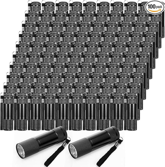 VIHOSE 100 Pcs Mini Flashlights Bulk, Bright Flashlights Set, Aluminum LED Handheld Torches for Party Favors Night Reading Camping Emergency Items Gifts Homeless, Batteries Not Included(Black)