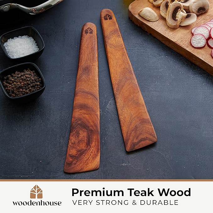 Wooden Spatula for Cooking ??12 Inch Teak Spatula Turner & Flipper for Cast Iron, Flat Egg & Pancake Scraper ??Set of 2 Utensils by Woodenhouse