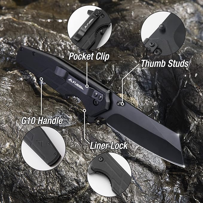 FLISSA Pocket Knife, 3.5" Folding Stonewash Blade Tactical Knife, G10 Handle, for Outdoor, Survival, Hunting and Camping, Great Gifts for Dad