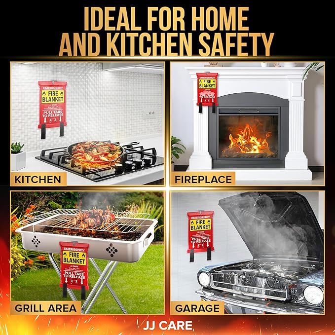 JJ CARE Fire Blanket – 9 Packs with Hooks and Gloves – 40” x 40” Fire Blankets Emergency for Home and Kitchen, High Heat Resistant and Flame Protection for Kitchen, Car, Office, Camping & Home Safety