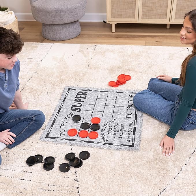3-in-1 Vintage Giant Checkers Set, Tic Tac Toe with Reversible Mat, 24 Jumbo Chips, Family Board Game, Lawn Game, BBQ Party Favor, Indoor and Outdoor Activity for Kids and Adults