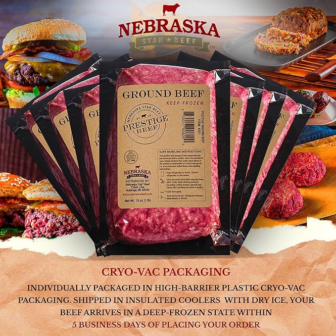Nebraska Star Beef Angus Ground Beef (10-1lb packages) -Prestige, ground beef, frozen hamburger, hamburger patties, frozen burger, ground beef 80/20